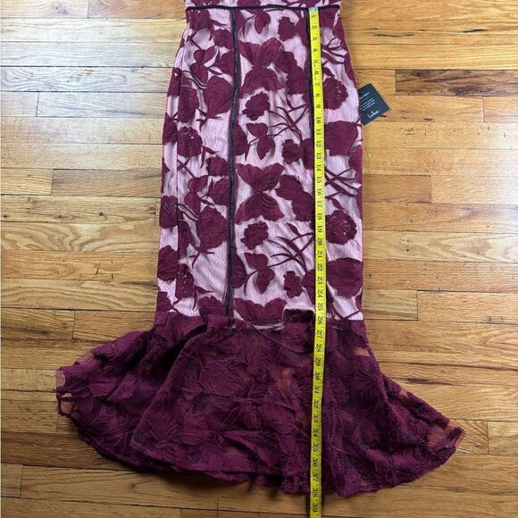 NWT Lulus Alluring Dream Burgundy Floral Mesh Lace Trumpet Midi Dress, Small - Picture 9 of 11